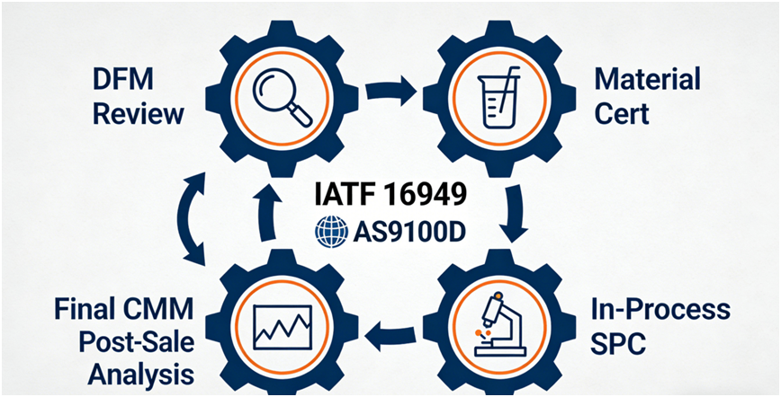 An infographic diagram illustrating the five-stage closed-loop quality control lifecycle for precision gear manufacturing, from DFM to post-sale analysis.

