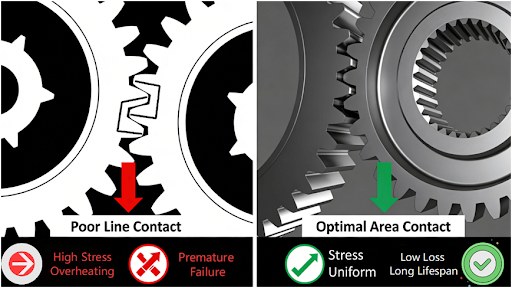  Infographic comparing a poor, narrow line contact pattern in a worm gear set (leading to high stress and failure) with an optimal, wide area contact pattern (leading to even load distribution and long life).
