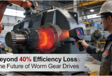An engineer uses a thermal imaging camera on a worm gearbox of an industrial robot or heavy-duty conveyor, displaying a localized high-temperature hot spot, highlighting the overheating and efficiency loss issues in traditional drives.