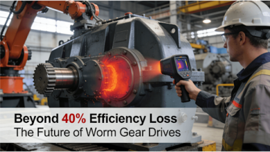 An engineer uses a thermal imaging camera on a worm gearbox of an industrial robot or heavy-duty conveyor, displaying a localized high-temperature hot spot, highlighting the overheating and efficiency loss issues in traditional drives.